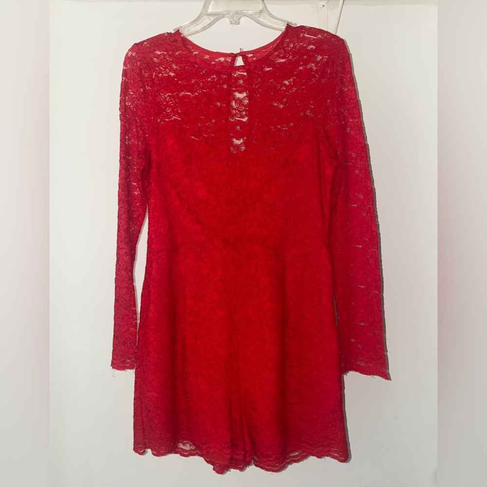 Cache Red Lace Long Sleeve Romper